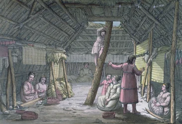 Unalaskan talon sisustus, kuvitus Jules Ferrarion teoksesta "Le Costume Ancien ou Moderne", julkaistu; d Milanossa n. 1820 (värikaiverrus)